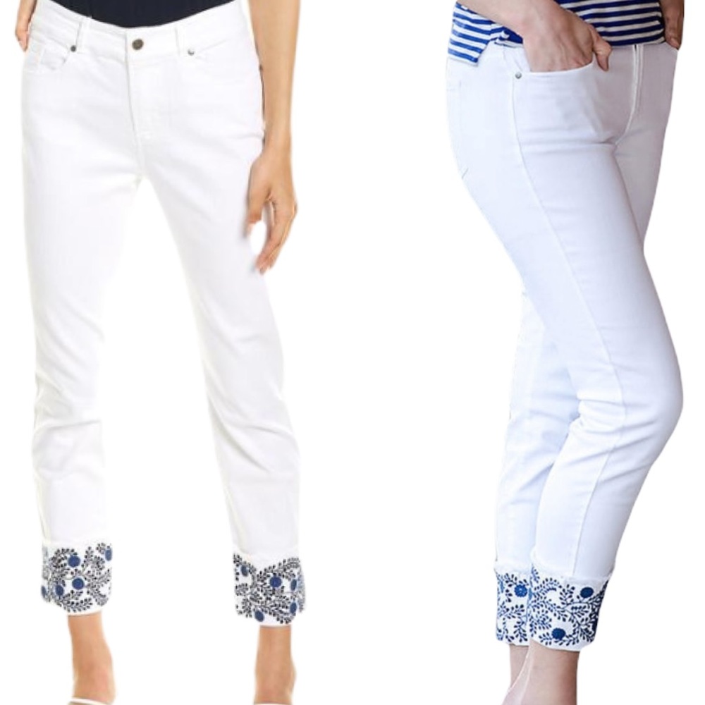 Tyler Boe White Cropped Jeans with Blue Embroidered Floral Fringe Cuffs  - 10